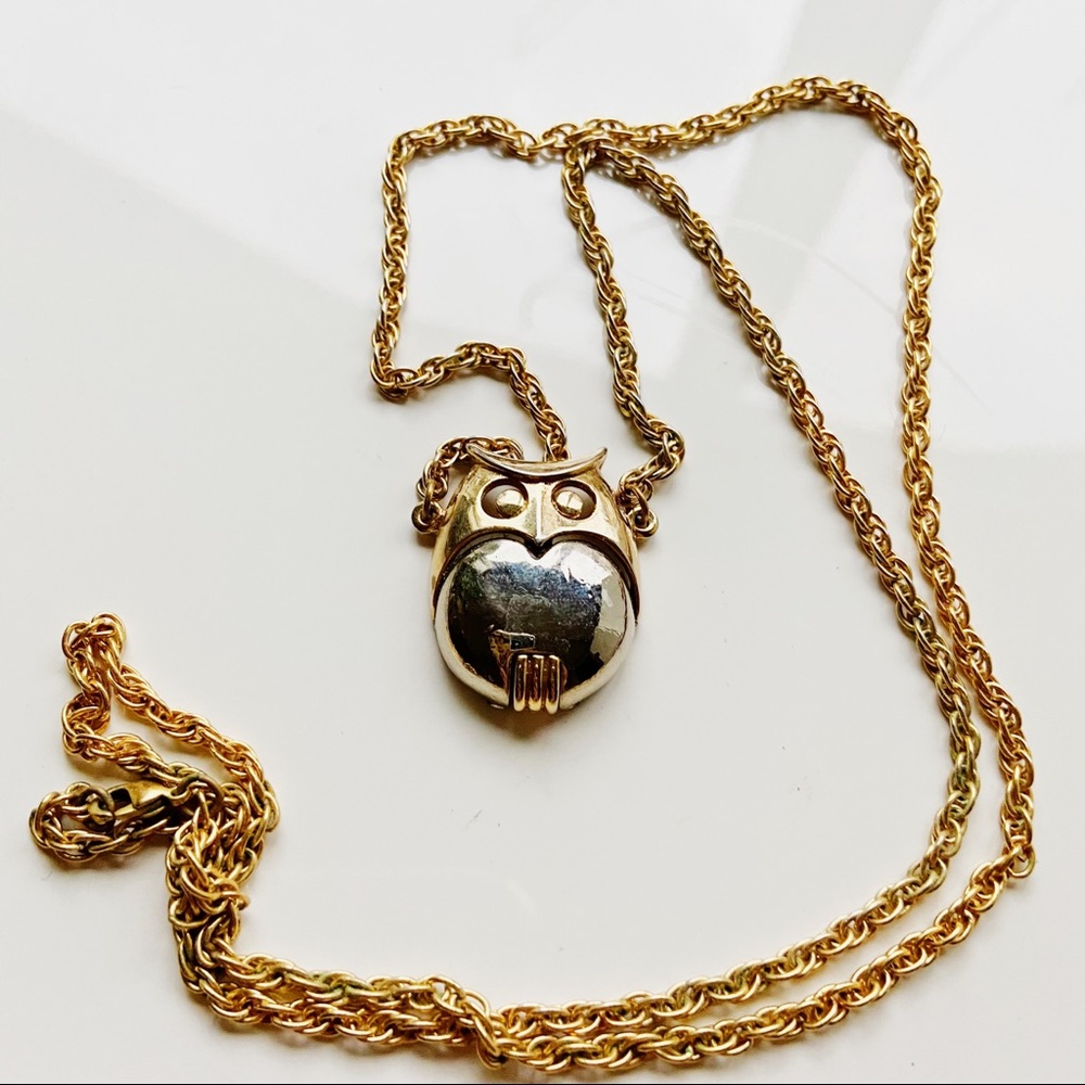 Large vintage brass silver owl pendant necklace
